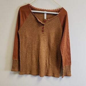 Tickled Teal Brown and Tan Long Sleeve Top